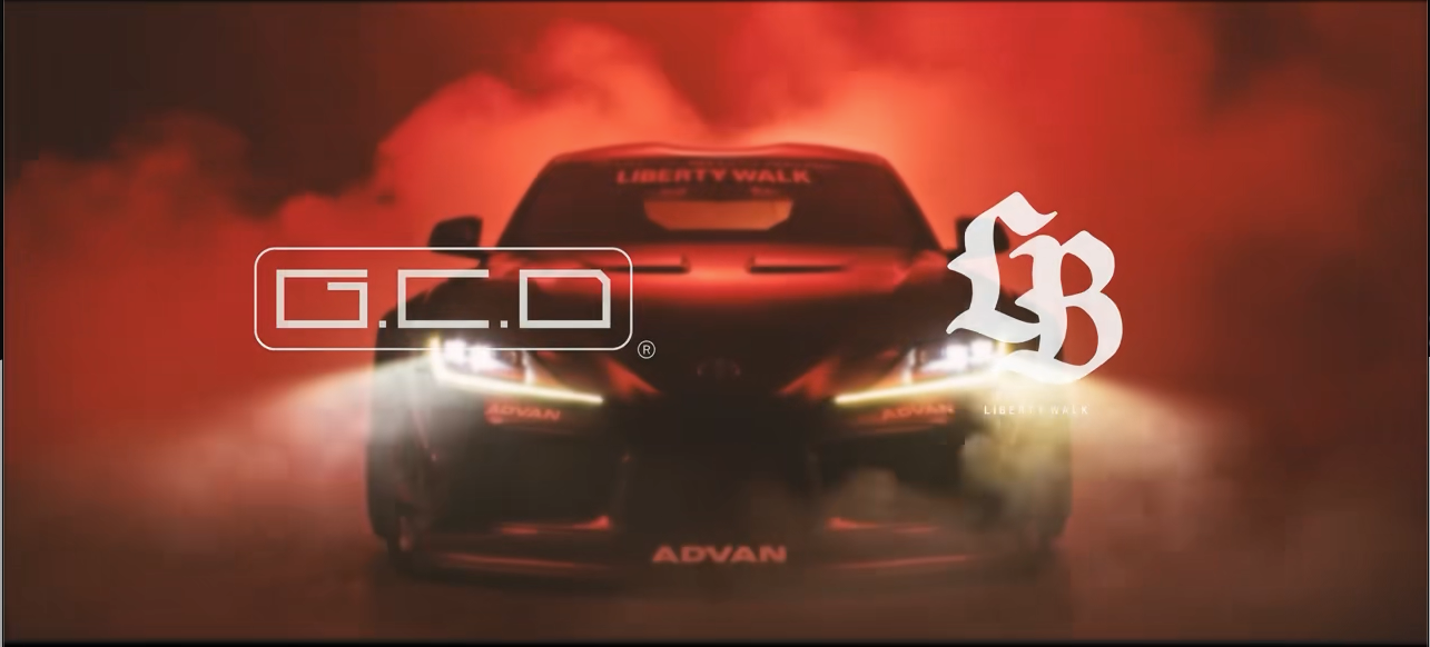 Red-lit frontal product reveal with GCD and Liberty Walk marks